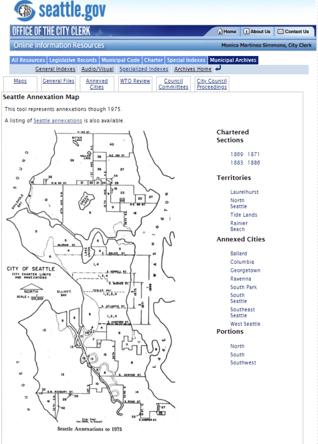 a screen shot of a website with a map of Seattle, with areas of the city marked for annexation.