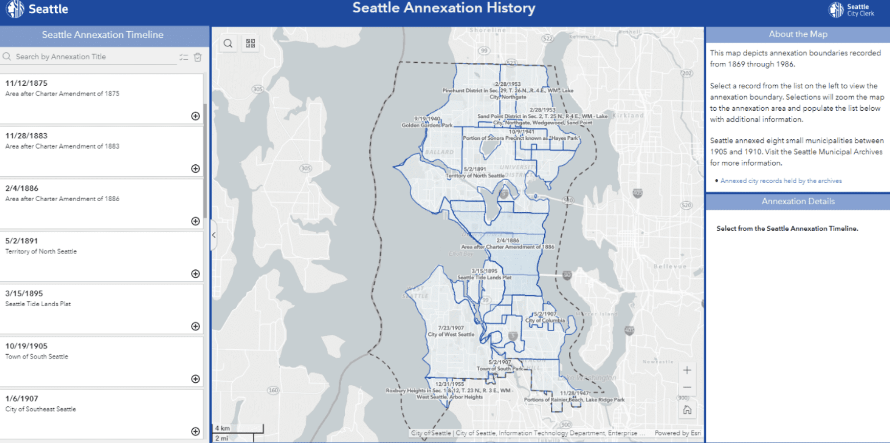 a screen shot of a website with a Seattle Annexation History map