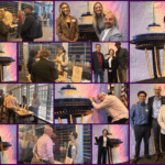 A collage of people at the Vendor Fair in front of an image of the Space Needle
