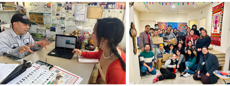TWO photos: a digital navigator helps a business owner in Little Saigon and a group shot of TMF participants through the Seattle Jobs Inititiative.