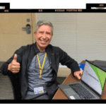 Casa Latina computer trainees, Claudia holding a mouse, David doing thumbs up with a laptop, and Fanny holding her certificate of completion.