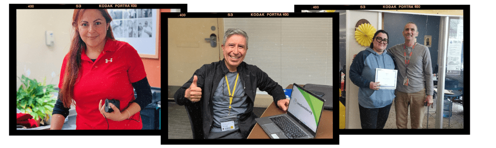 Casa Latina computer trainees, Claudia holding a mouse, David doing thumbs up with a laptop, and Fanny holding her certificate of completion.