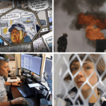 Cartoon, firefighter, man at computers, woman behind a grid.