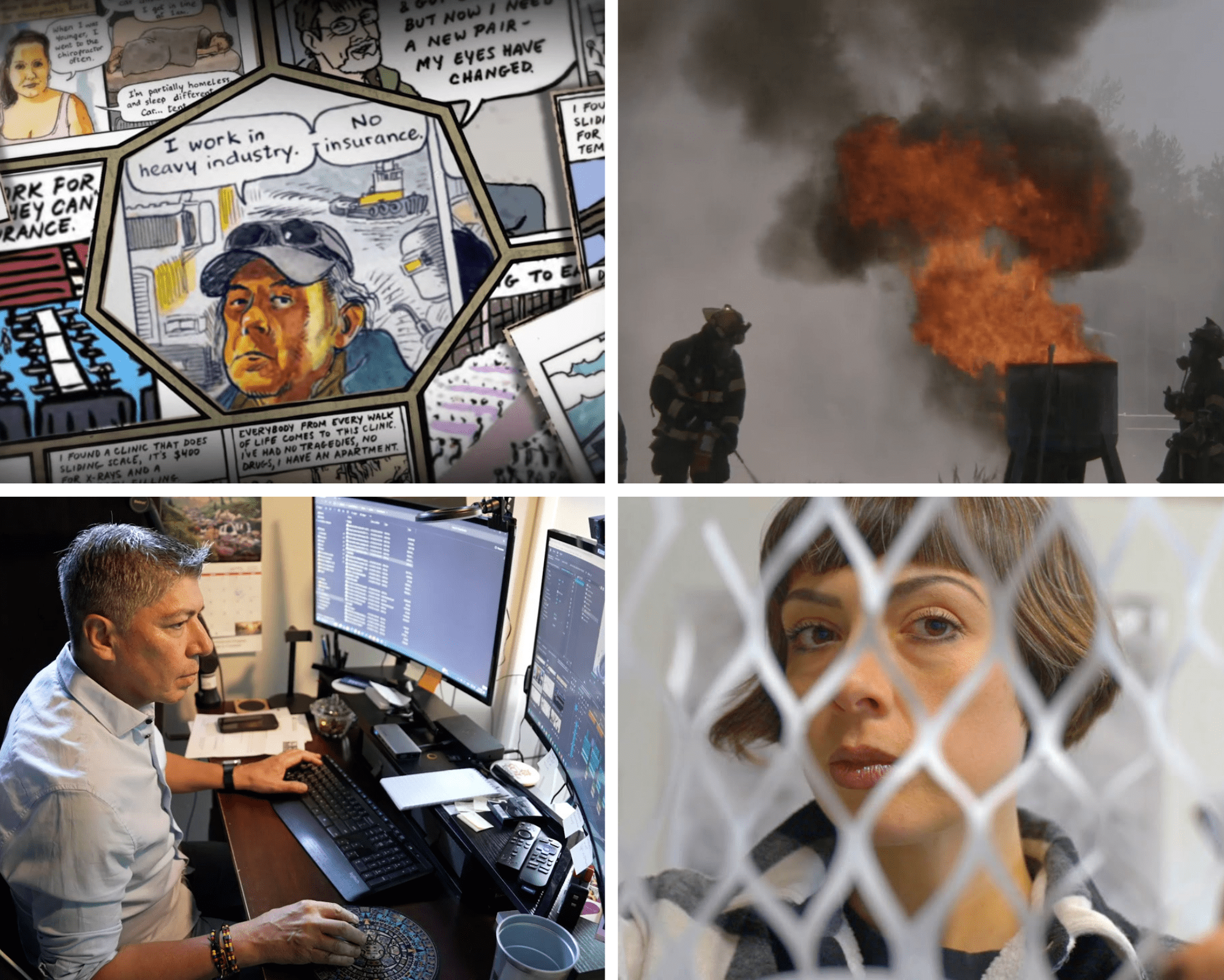 Cartoon, firefighter, man at computers, woman behind a grid.