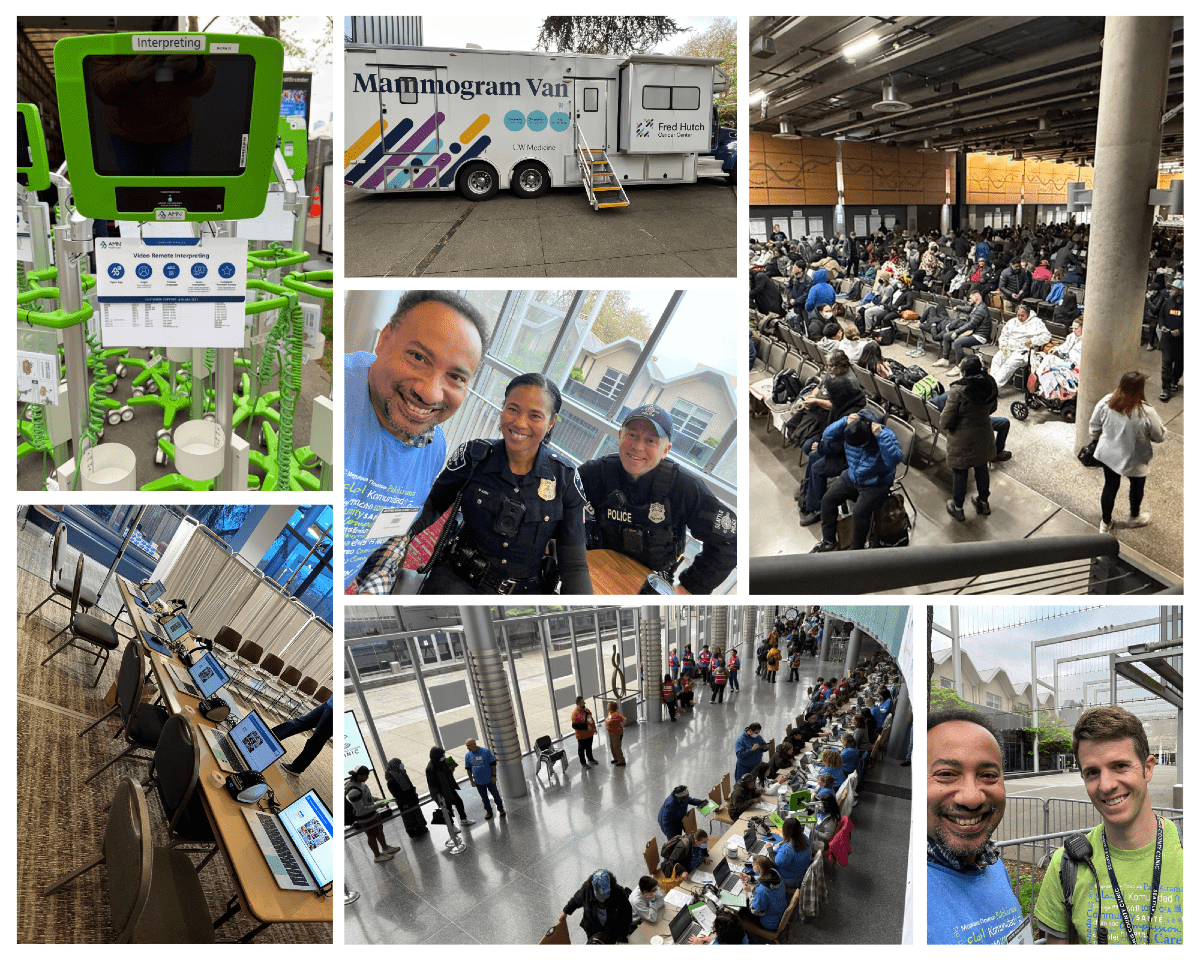 A photo collage showcasing moments from the Seattle/King County Health Clinic: a green interpreter machine in use, a mammography van parked outside, scenes from the bustling health clinic, and smiling individuals receiving care and support.