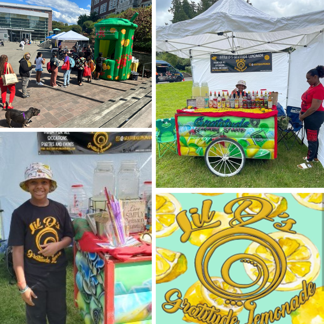 Collage of photos of an inflated green lemonade stand with a young black boy in a hat selling lemonade