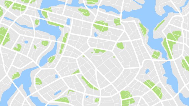 A decorative map of a nonspecific city showing roads and green areas showing parks.