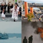 Four photo collage featuring award winning segments: children playing the violin, the Seattle waterfront with people and the big wheel; a ferry boat in Elliot Bay, and three fire fighters fighting a fire.