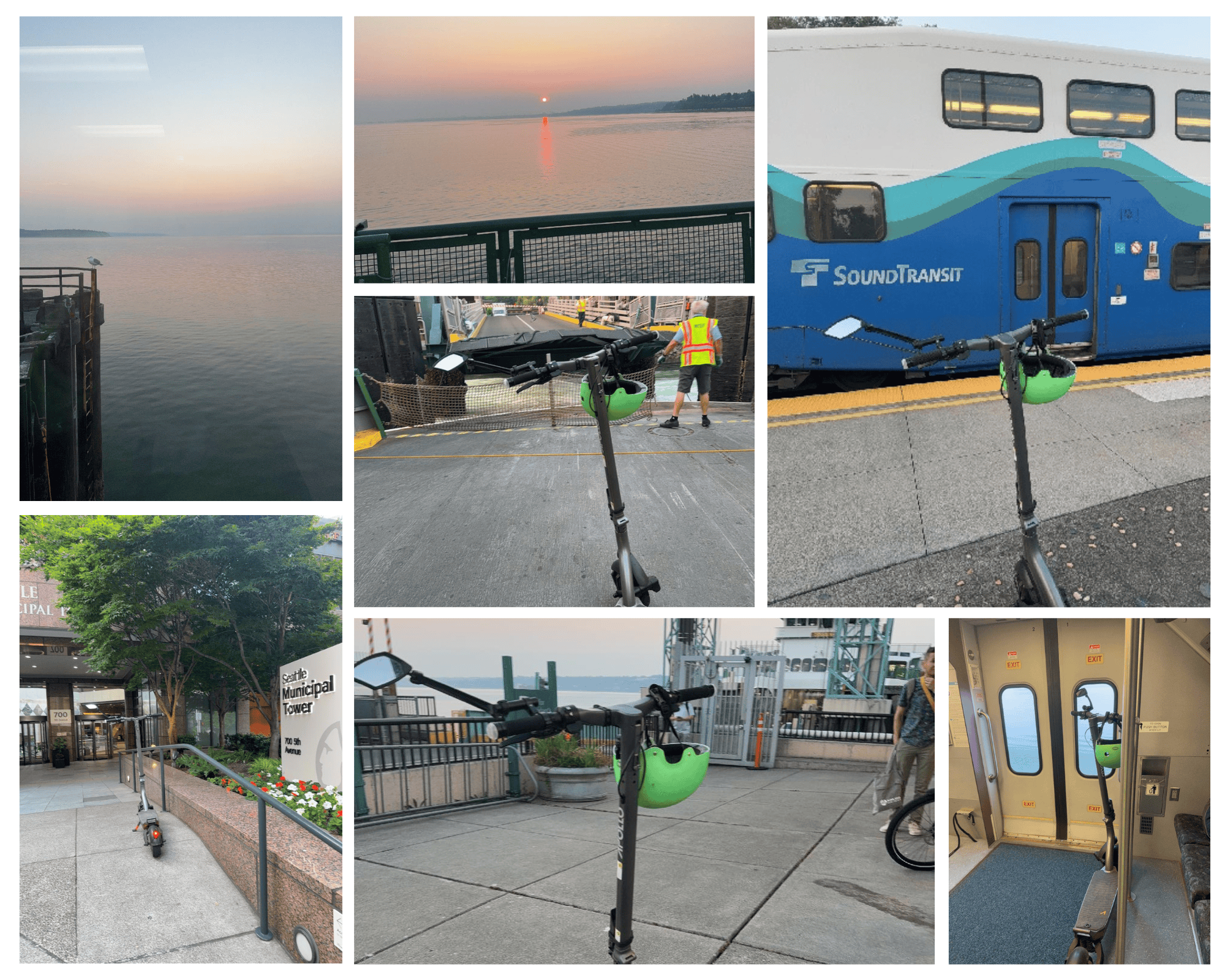 A collage of photos showing a scooter in various points during a commute
