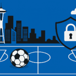 A lock with a shield imposed, signifying cybersecurity, floats above a soccer field with the Seattle skyline in the background