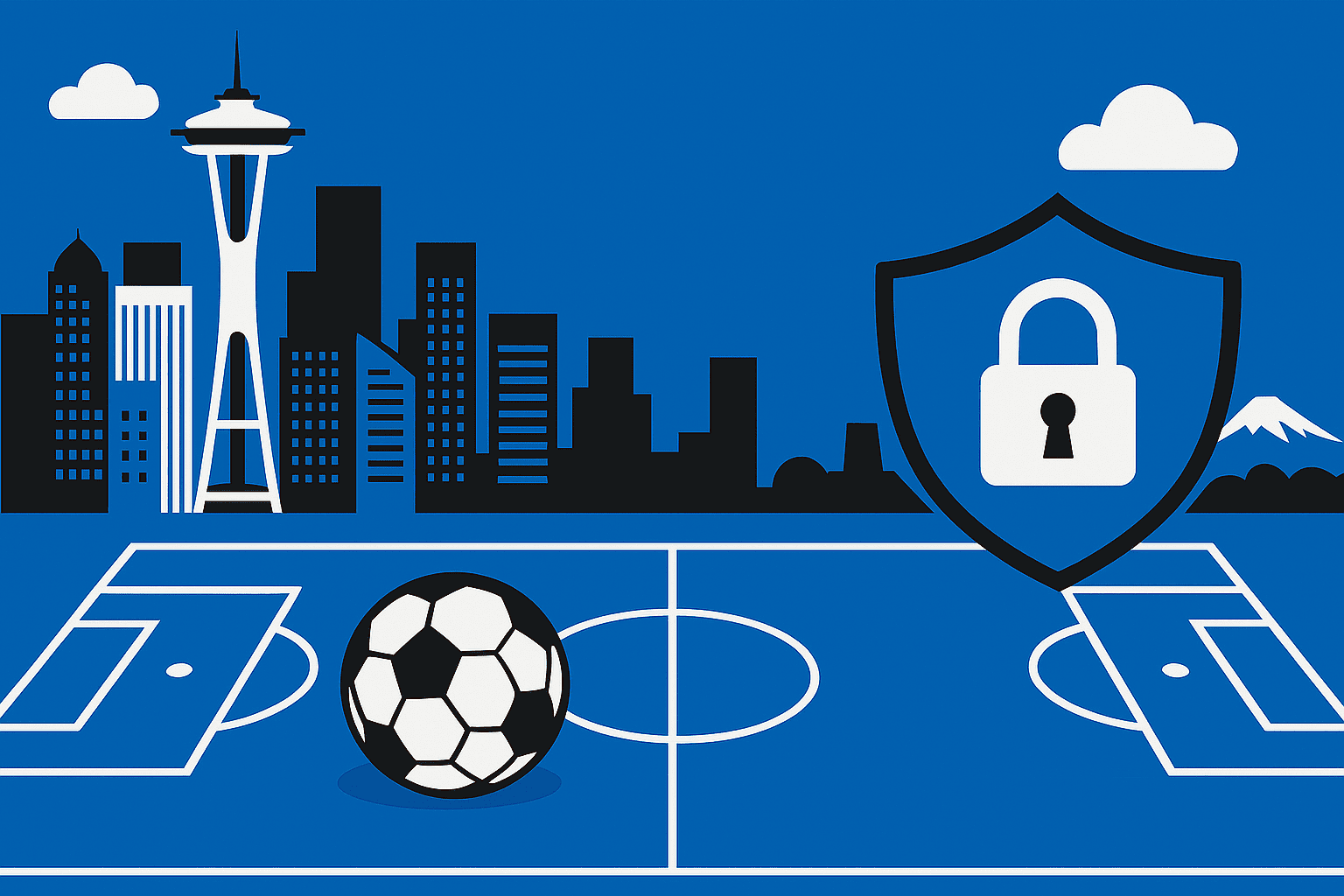 A lock with a shield imposed, signifying cybersecurity, floats above a soccer field with the Seattle skyline in the background