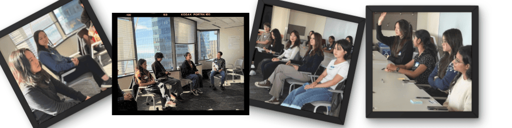 Four-photo collage showing a panel presentation with students actively participating in a Q&A session, listening closely, asking questions, and engaging with speakers.