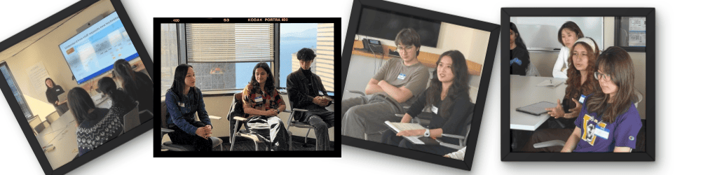 Four-photo collage showing a panel presentation with students actively participating in a Q&A session, listening closely, asking questions, and engaging with speakers.